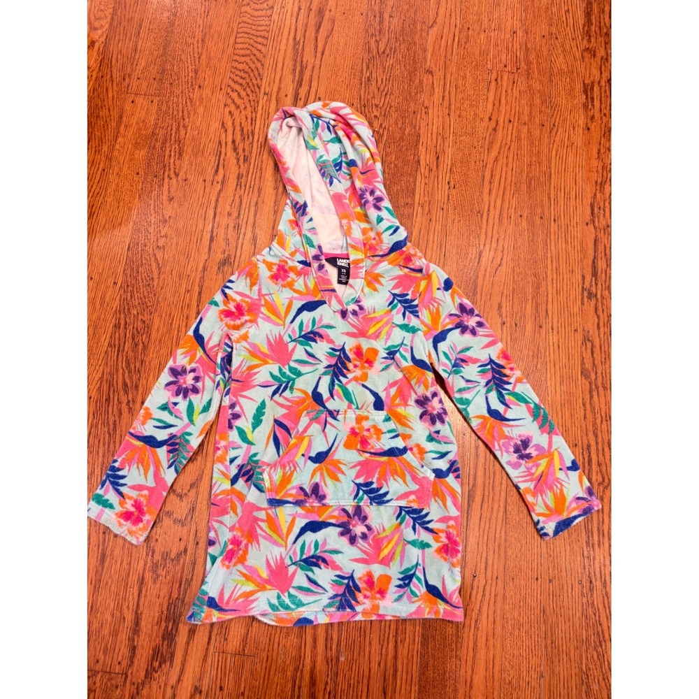 Lands End Girls XS 4-5 Tropical Floral Terry Cloth Hooded Swim Cover Up Tunic